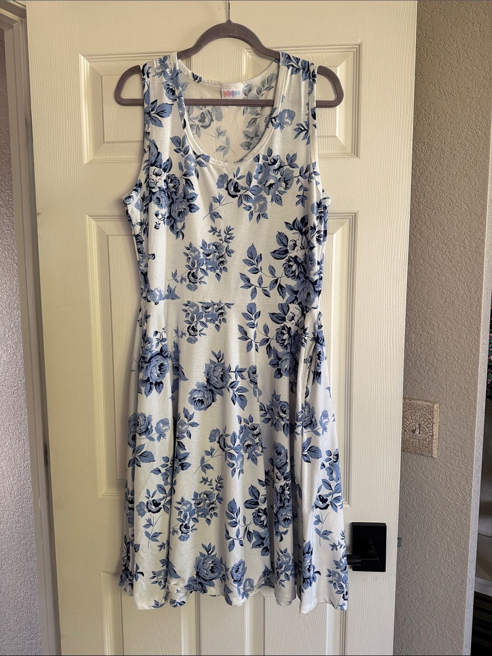 LuLaRoe White Midi Dress with Blue Floral Print